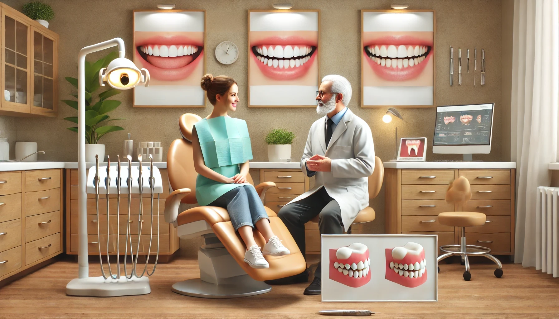 A dental consultation room where a dentist discusses reshaping options with a patient, emphasizing personalized choices.