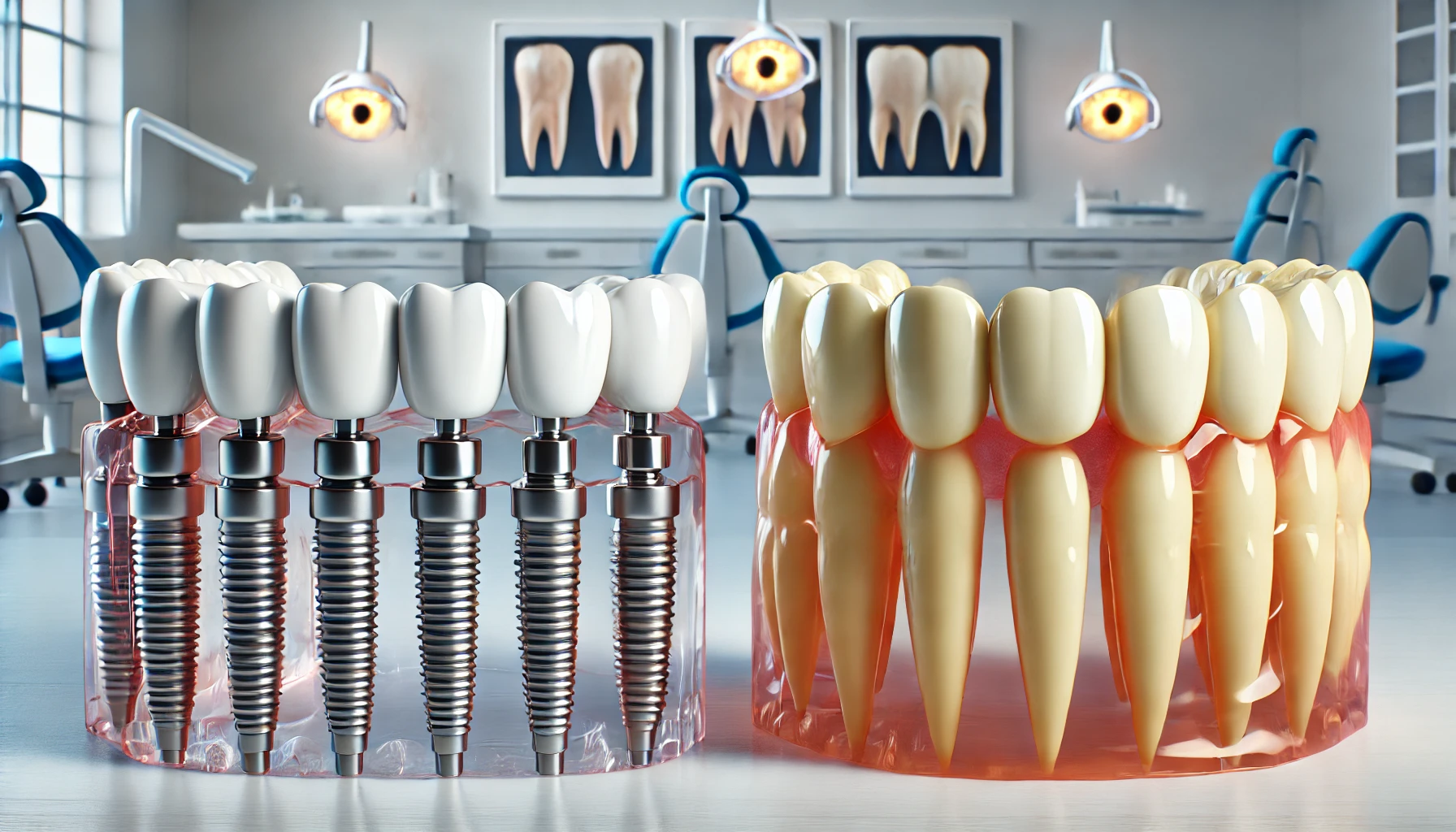 "Side-by-side comparison of All-on-4 implants and traditional implants using dental models, highlighting differences in implant placement."