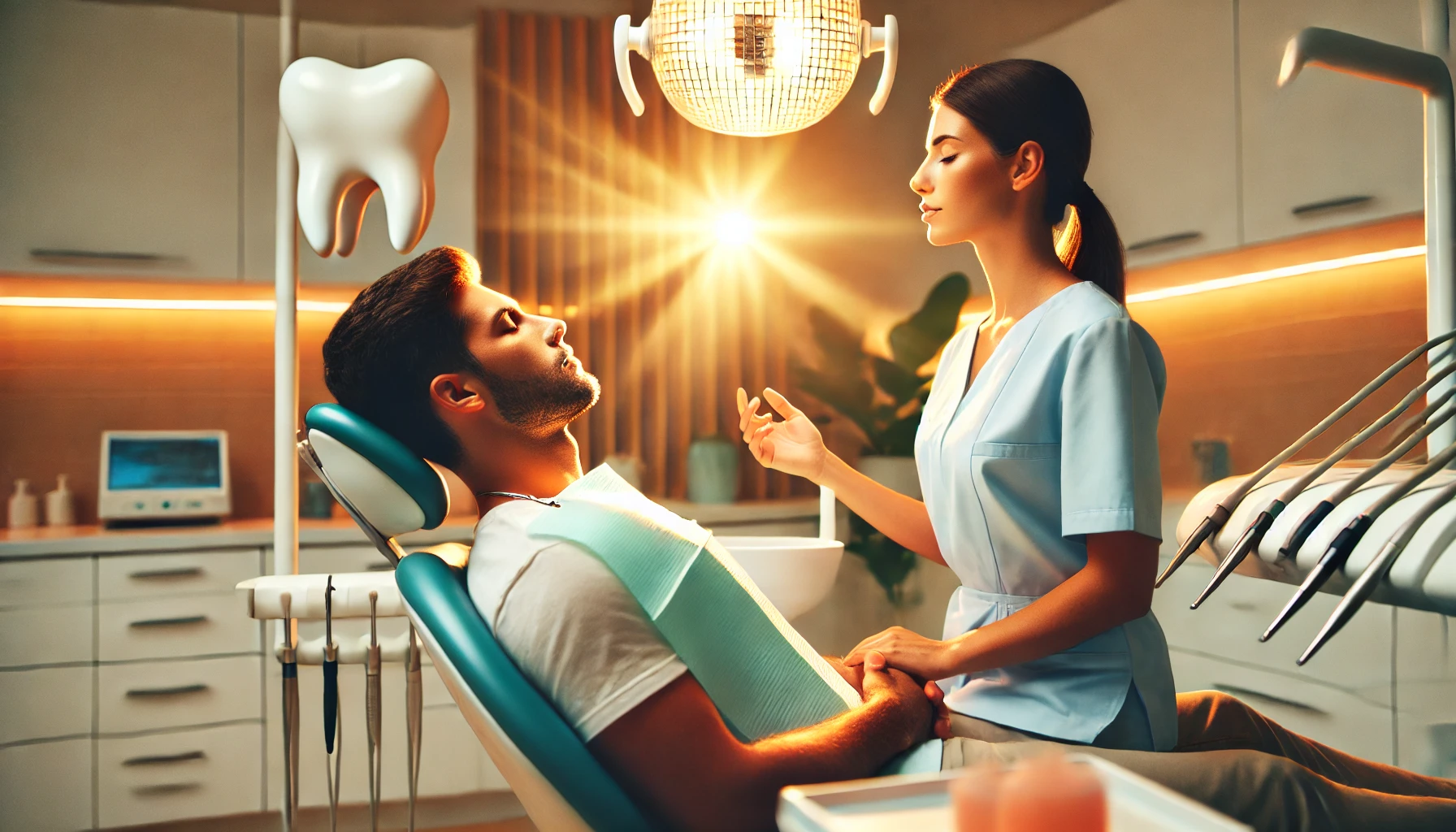 "A dentist demonstrating relaxation techniques to a patient in a calming dental office, creating a supportive and peaceful environment."