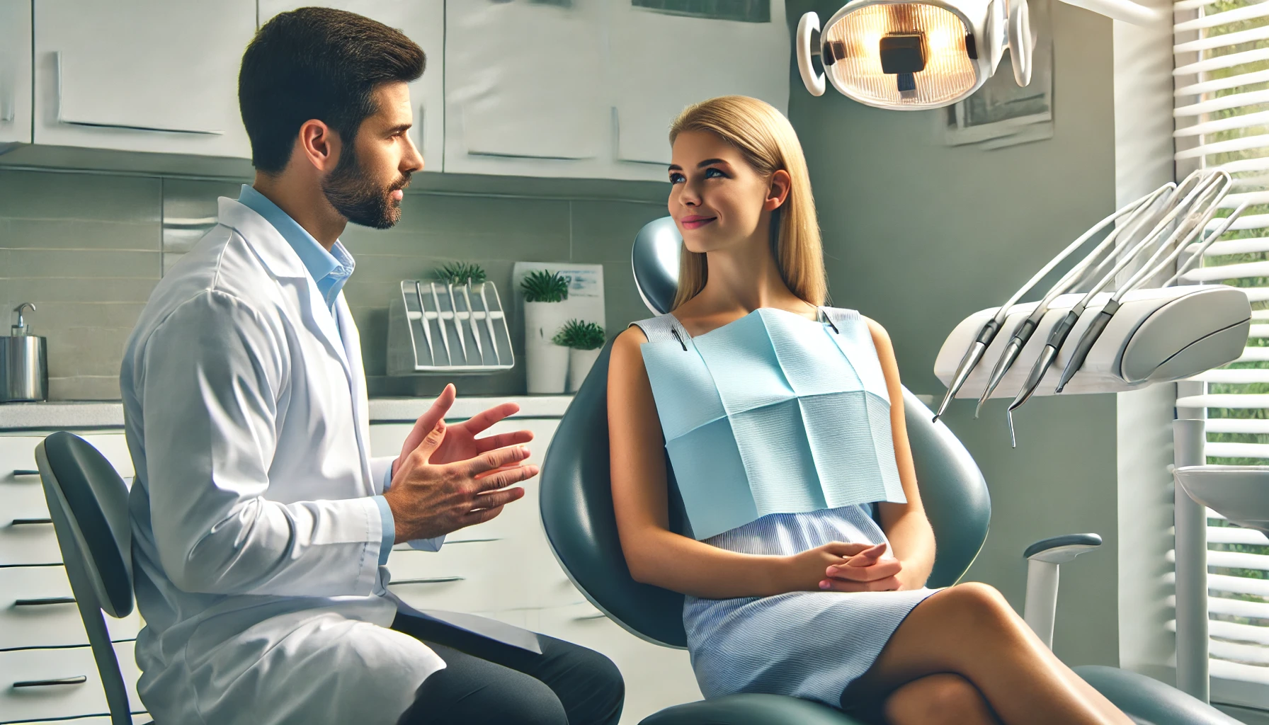 Dentist explaining cosmetic dental procedures to a patient in a modern, clean consultation room, creating a comfortable atmosphere."