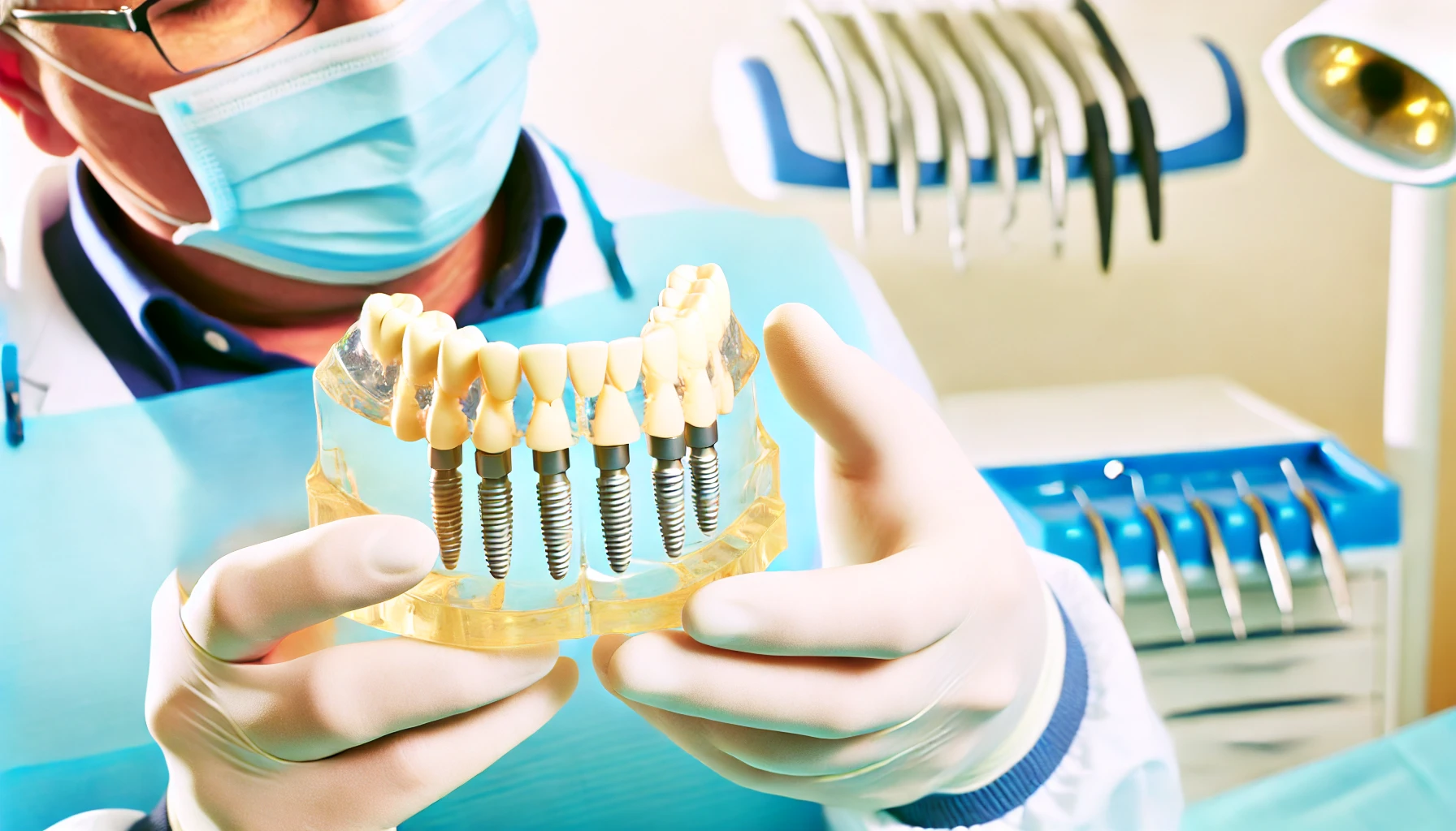 "Dentist demonstrating how All-on-4 implants work using a dental model, showing implant placement in a clean, professional dental clinic."