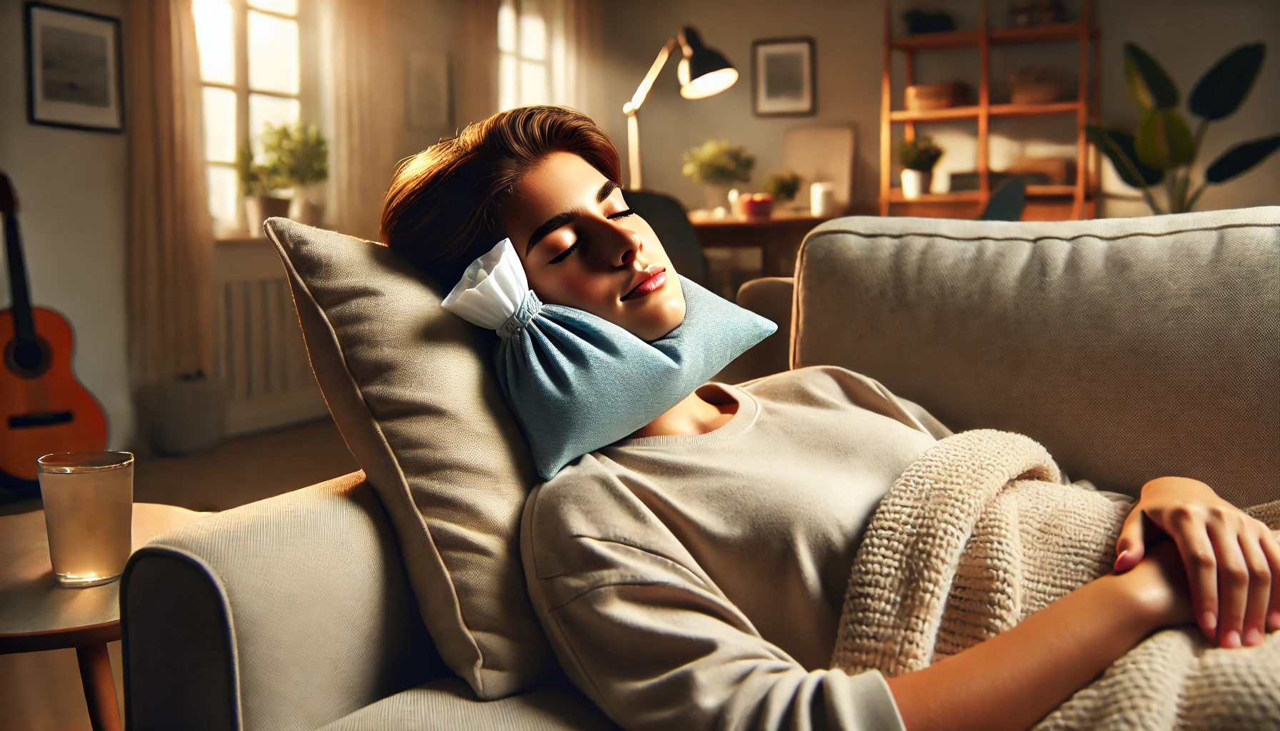 Young adult resting on couch with cold compress on cheek, in a peaceful, cozy living room setting."