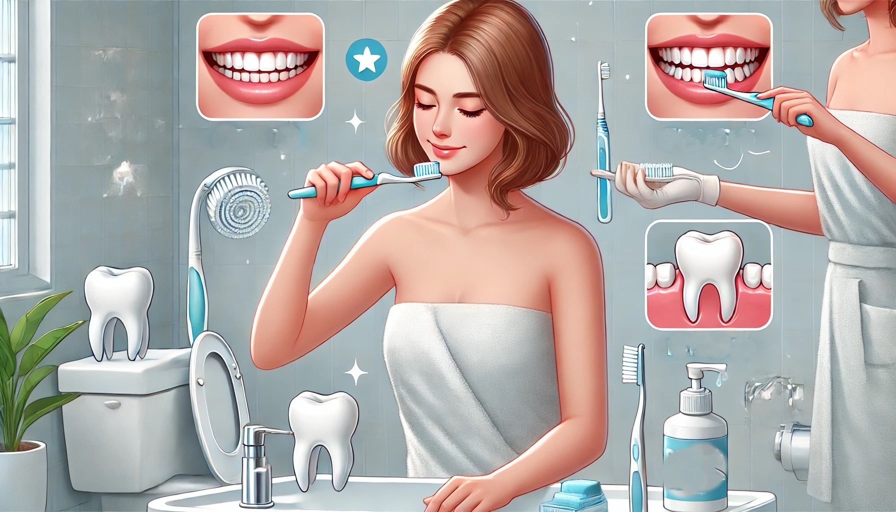 "Illustration of a patient practicing dental aftercare, including brushing, flossing, and rinsing, for maintaining long-lasting results."