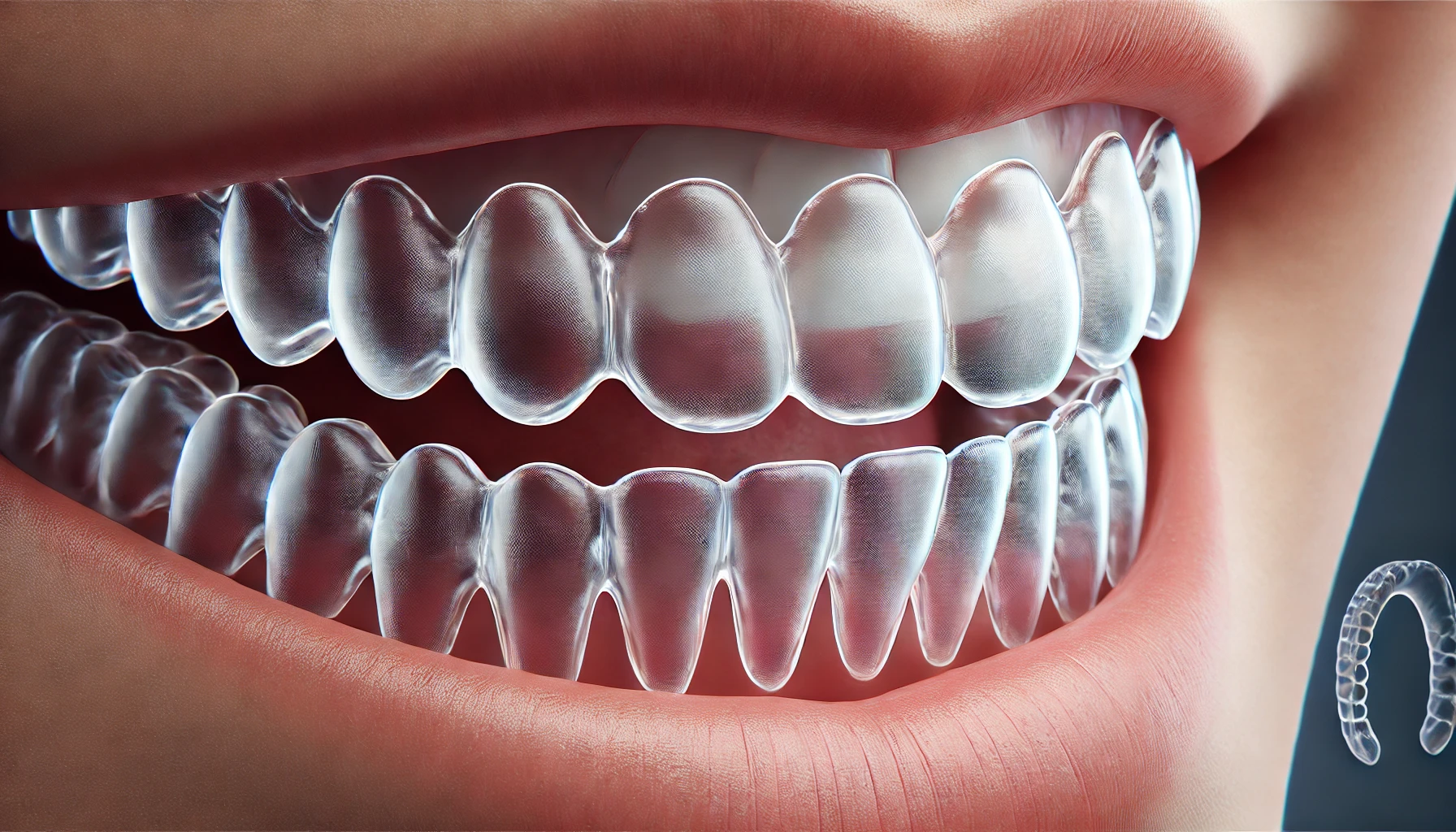 Clear aligners displayed slightly removed from teeth, showing how they fit snugly and are nearly invisible.