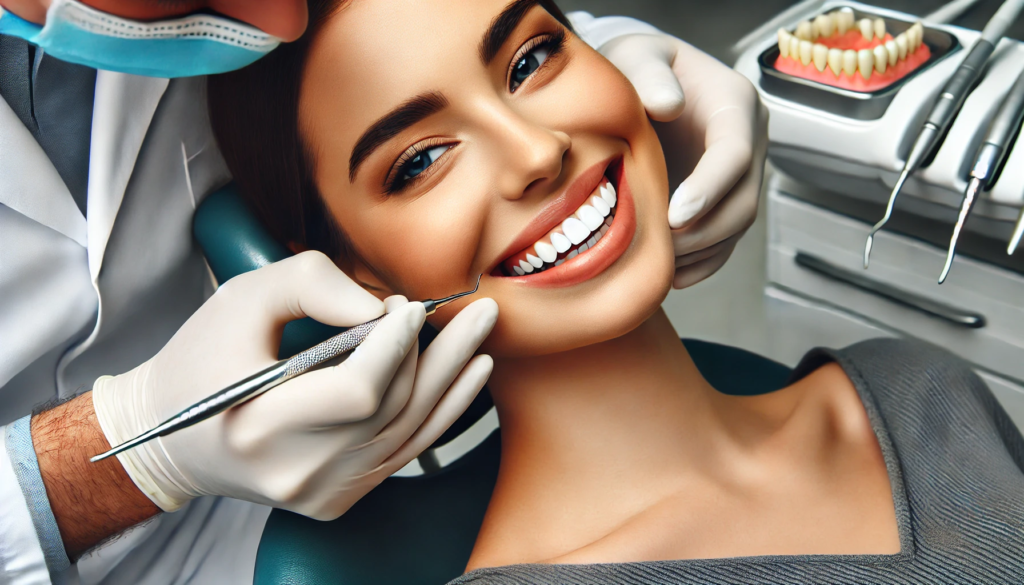 Dentist applying custom veneers teeth to a patient's teeth in a modern, clean clinic, highlighting precision and a bright, natural smile."