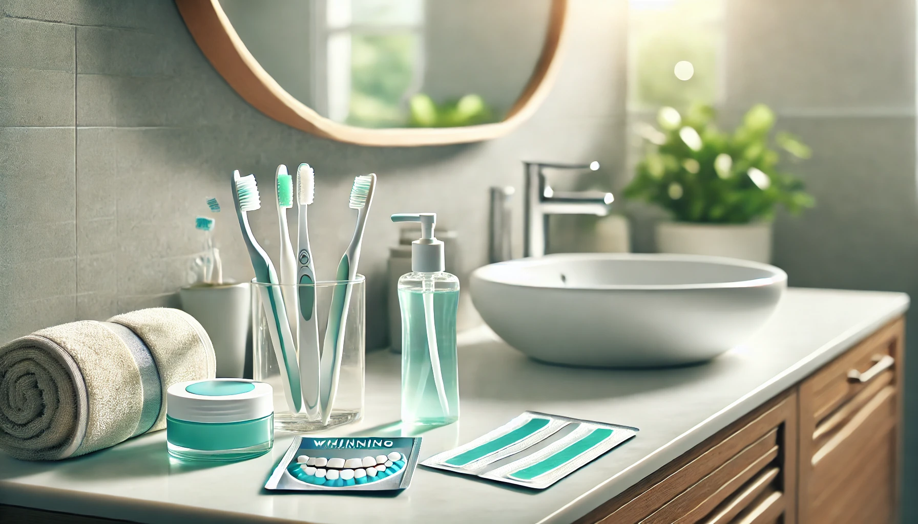 "Bright bathroom countertop with teeth whitening tools: toothbrush, toothpaste, whitening strips, and gel applicator in natural light."