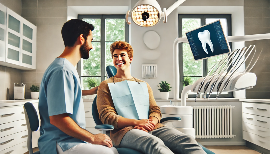 A dentist in Bærum engaging with a patient in a bright, modern clinic, providing personalized care in a calm, friendly environment."