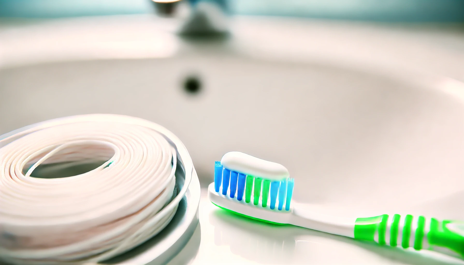 A close-up of a toothbrush with toothpaste and dental floss on a clean bathroom sink, emphasizing dental hygiene."