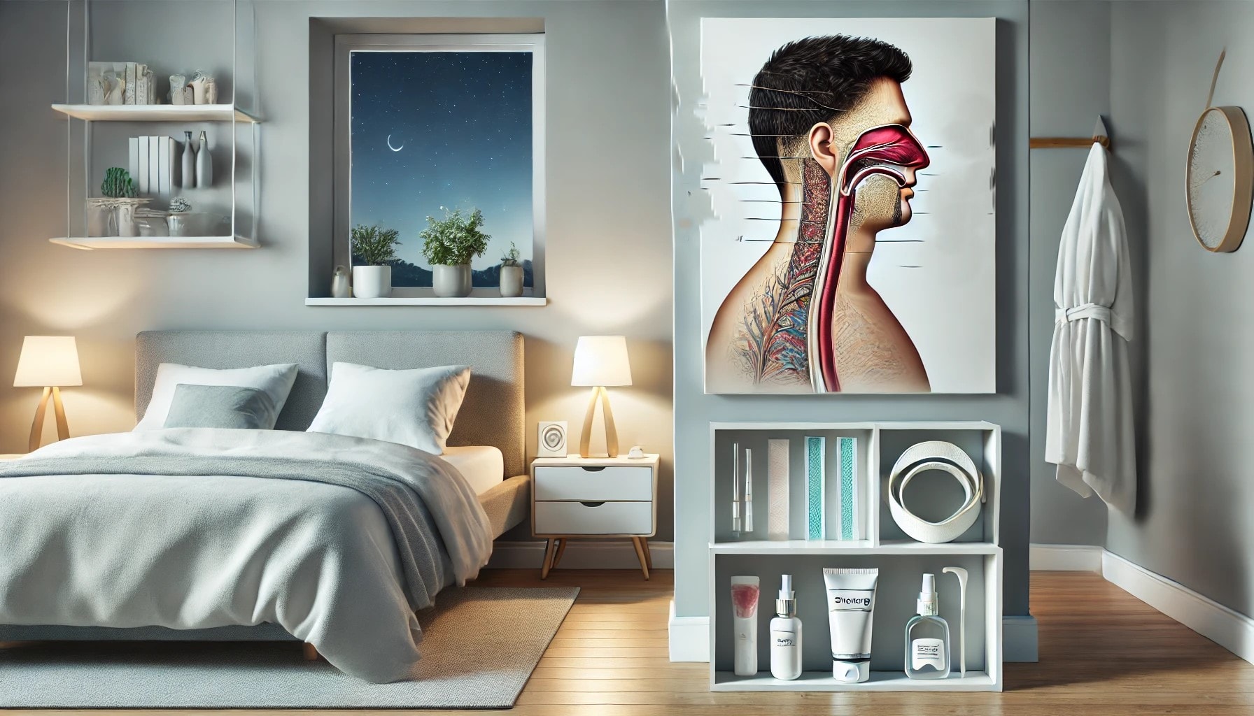 Illustration of airway passage in a head on a pillow with anti-snoring devices on a nightstand."