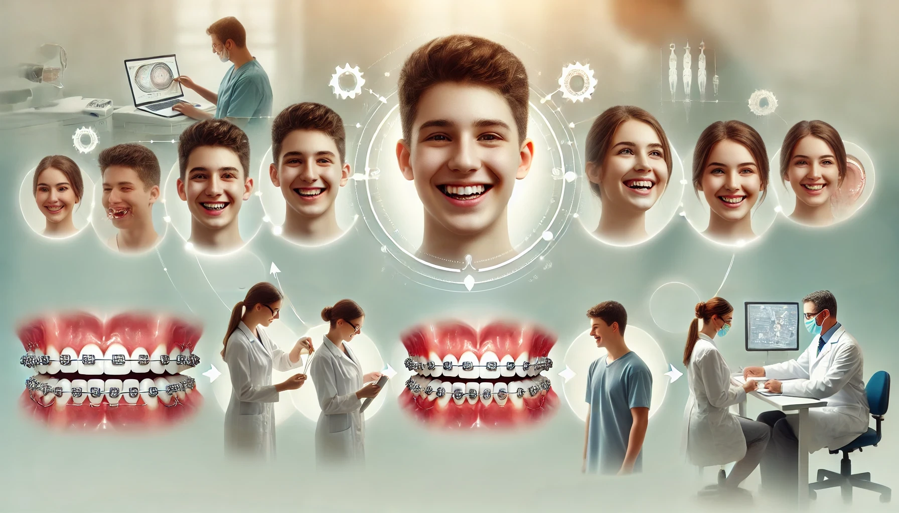 "Visual representation of a step-by-step orthodontic journey, showing consultation, braces fitting, adjustments, and final results for a perfect smile."