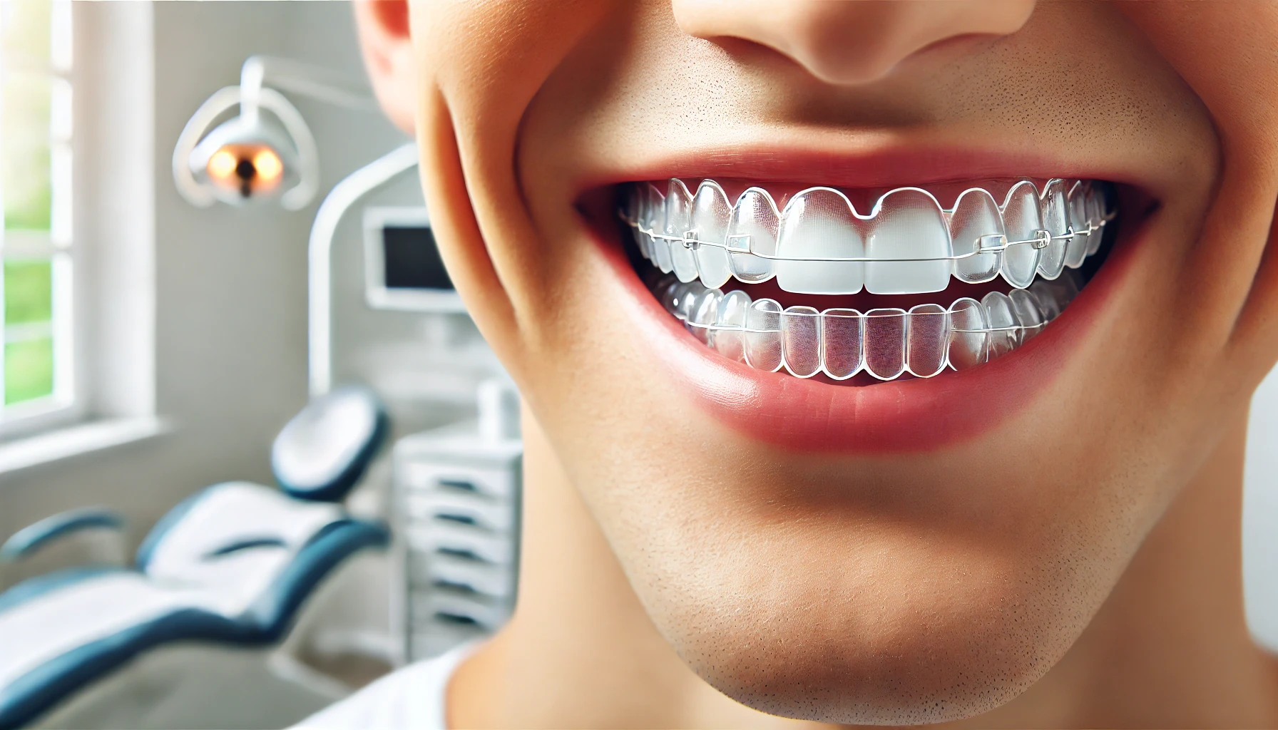 "A close-up of a person smiling with clear retainers, emphasizing their role in maintaining teeth alignment and long-term dental health."