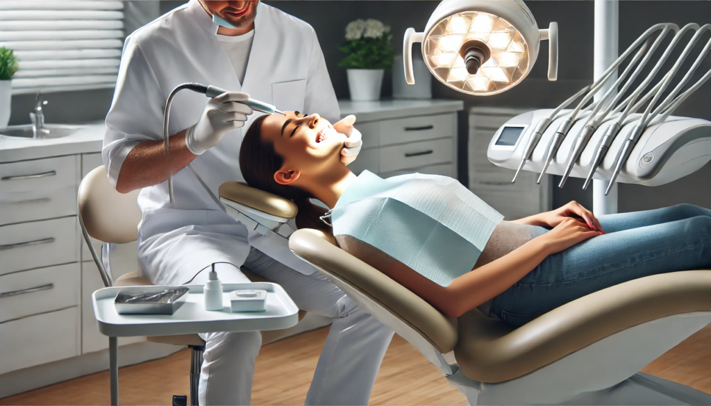 "Patient receiving professional tooth discoloration treatment in a clean, modern dental clinic with specialized equipment in use."