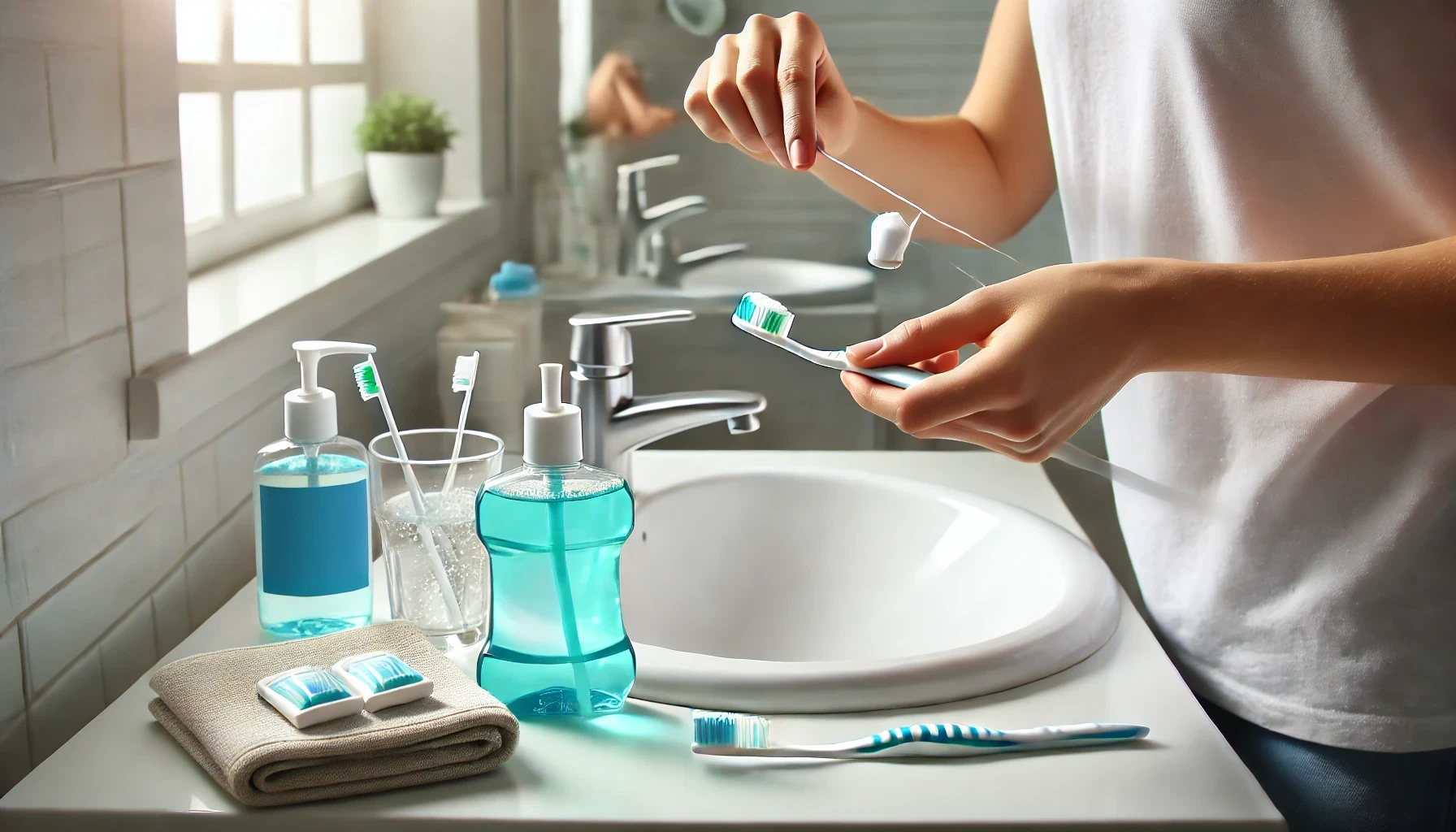 "A person flossing and brushing their teeth in a clean bathroom, focusing on maintaining oral hygiene to prevent plaque buildup after treatment."