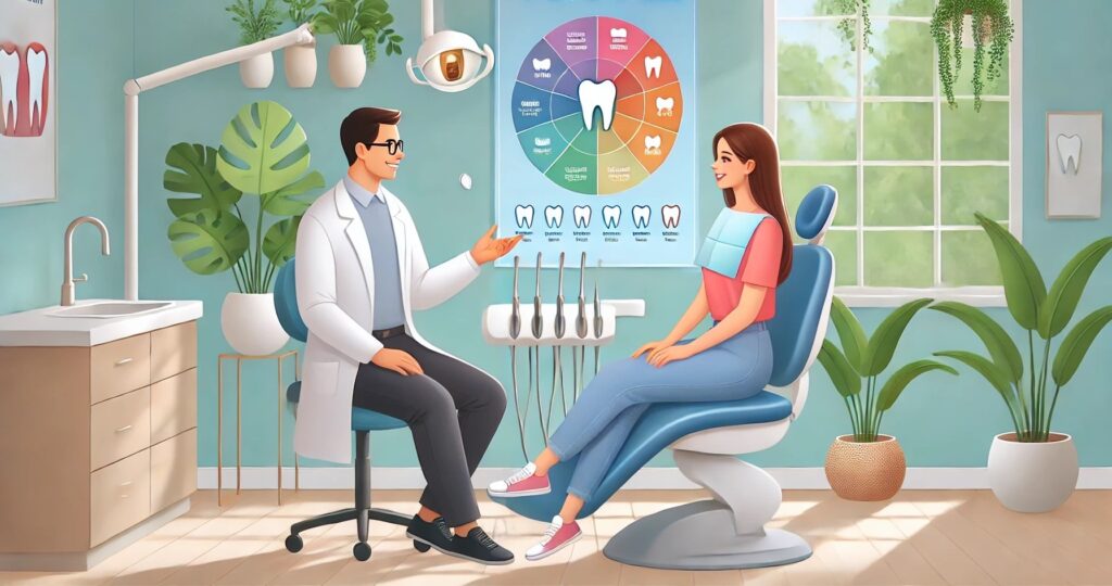 "A dentist explaining holistic dental care benefits to a patient in a serene office, highlighting natural treatments for better health."