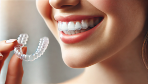 Close-up of a person smiling with clear aligners on their teeth, showing subtle alignment, promoting dental health and confidence