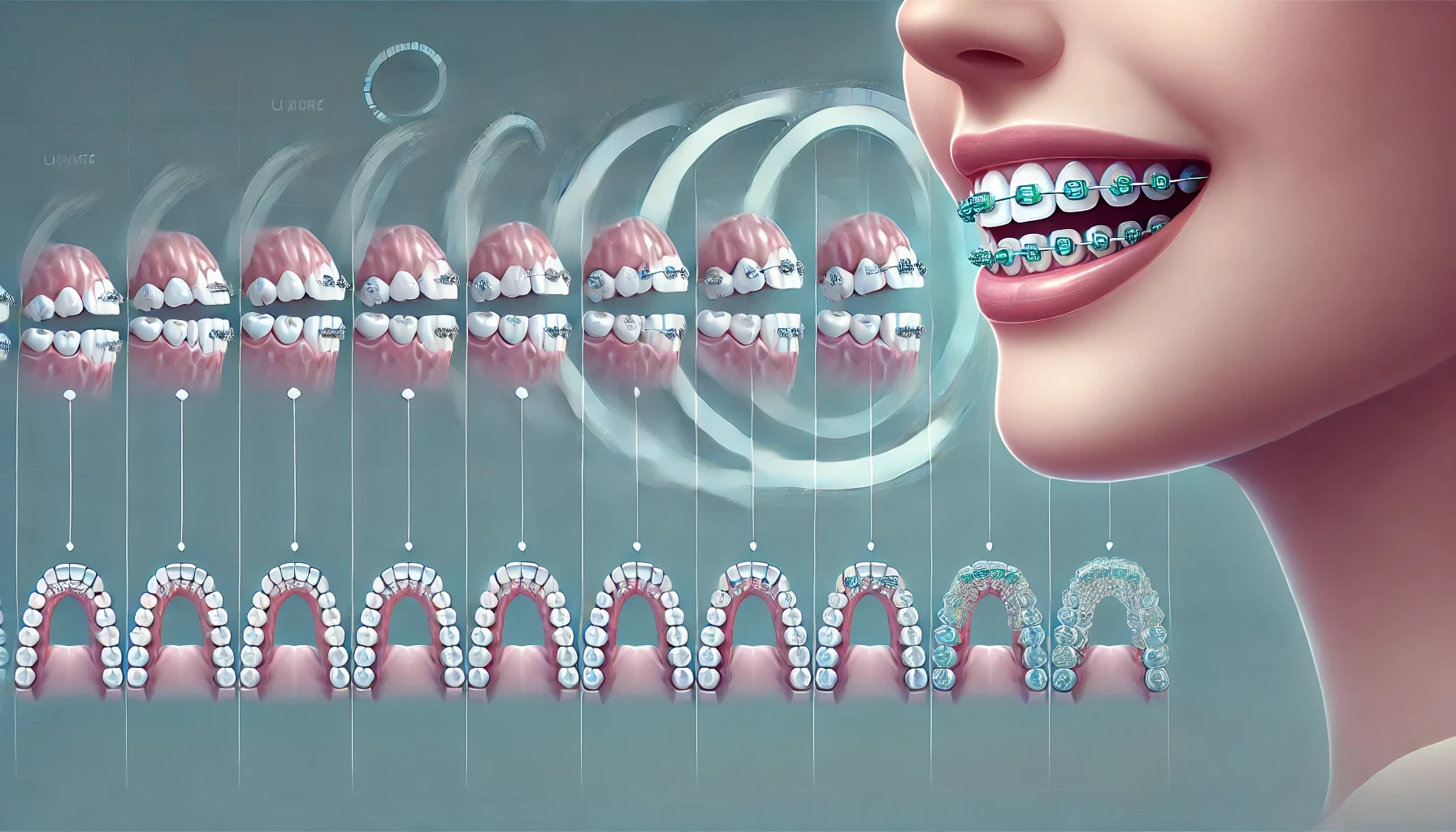 "Visual of gradual overbite treatment progress with braces or aligners, showing different stages of teeth correction over time."