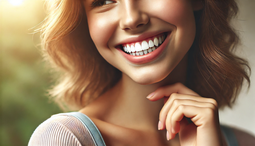 Close-up of a smiling person showing strong and reliable dental bridges, highlighting healthy teeth."