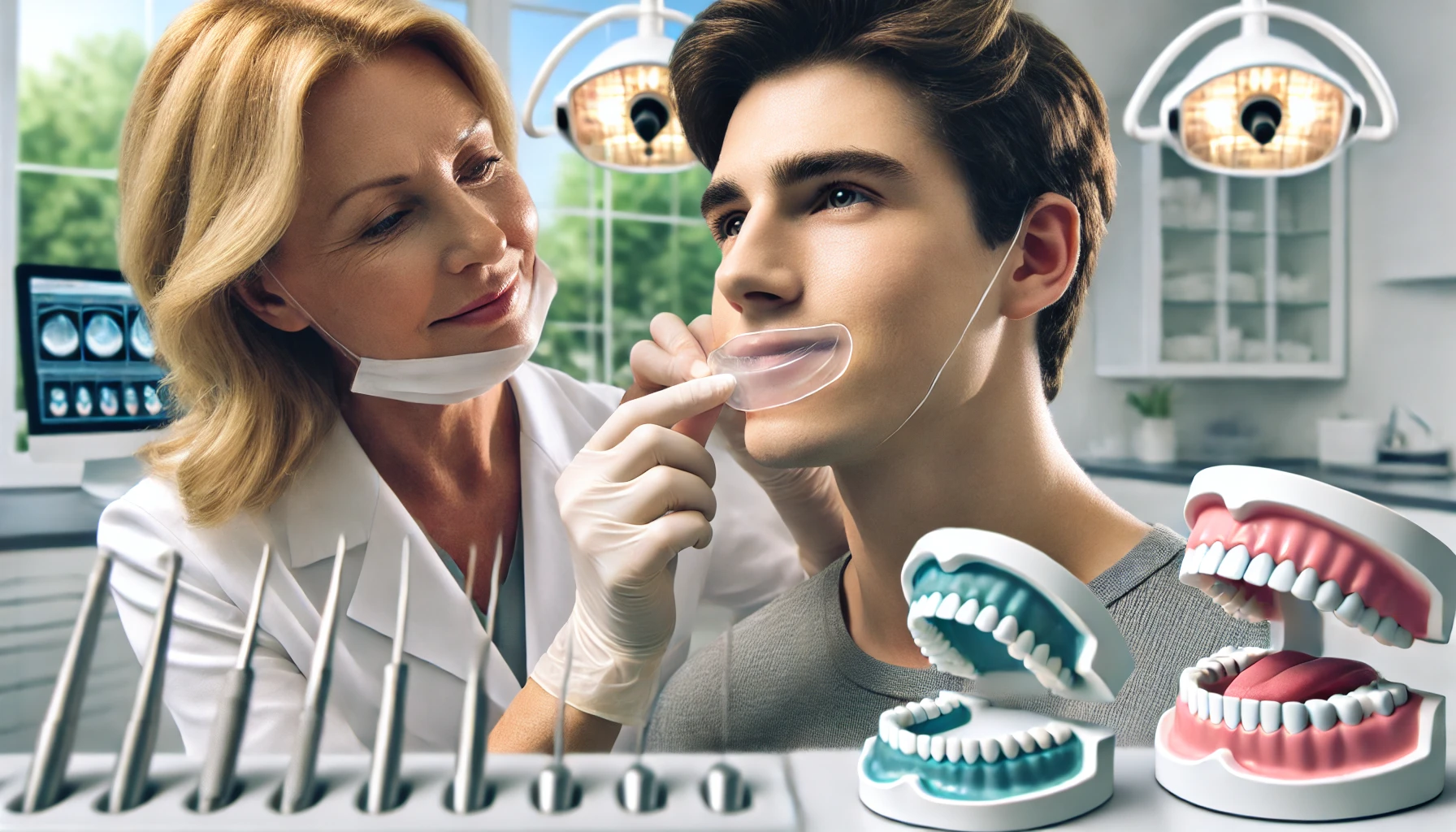 Dentist adjusting a custom mouthguard for a patient in a modern clinic, highlighting precision and comfort."