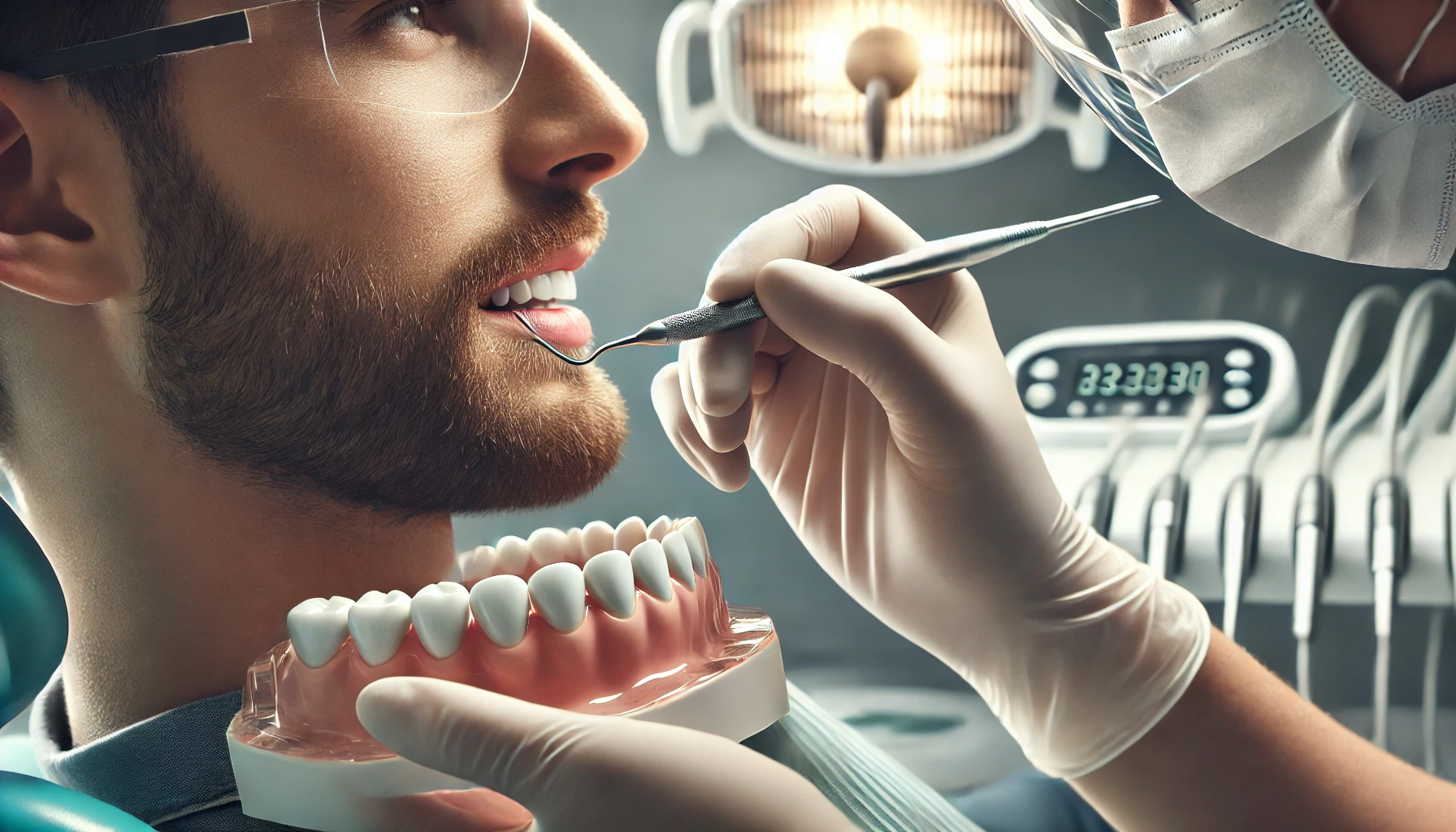 "Close-up of a dentist applying cosmetic bonding material to a patient's teeth, highlighting the minimally invasive solution for dental improvement."