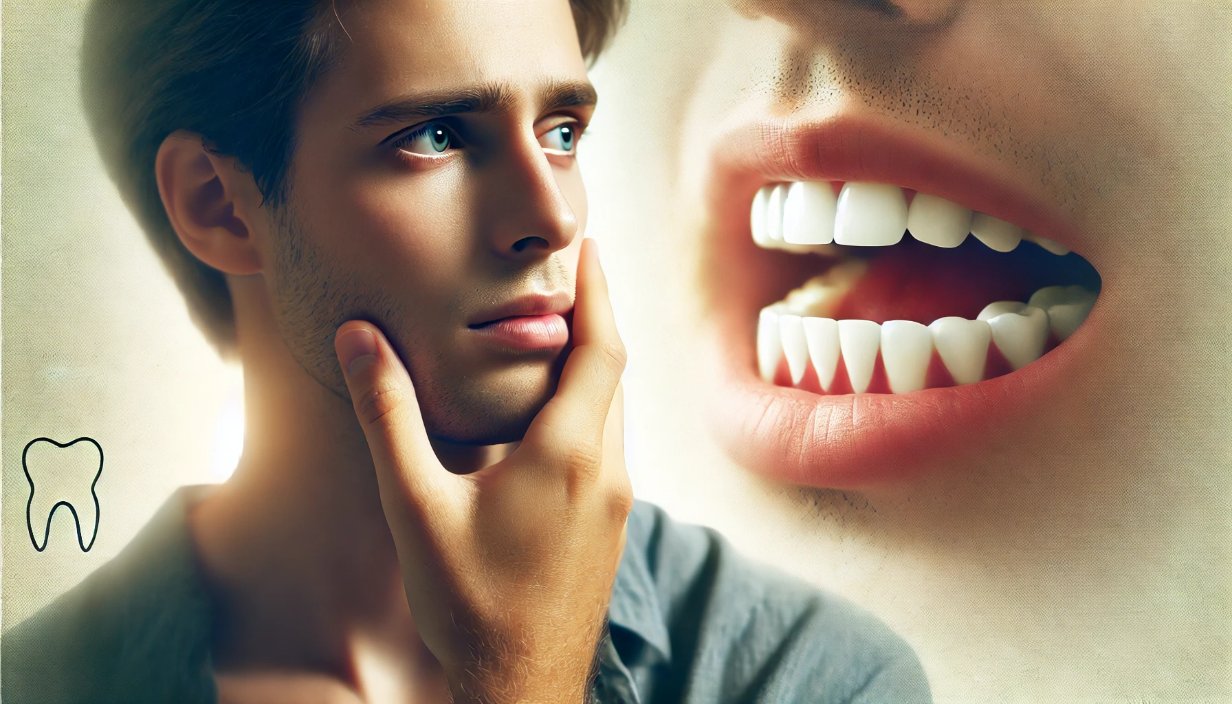 A close-up of a person holding their jaw, expressing concern about teeth grinding, emphasizing dental protection.