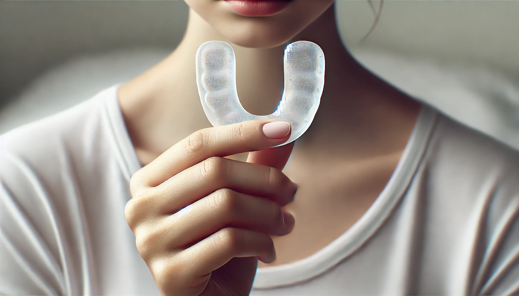 A person gently holding a soft mouthguard for bruxism treatment, emphasizing its non-invasive role in preventing teeth grinding.