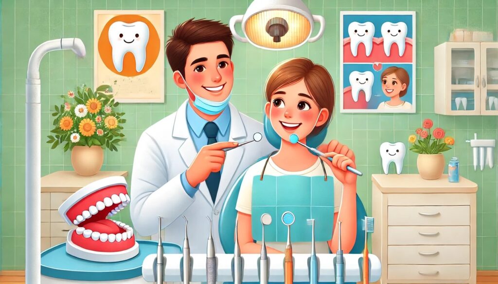 A bright dental office where a dentist demonstrates proper brushing techniques, highlighting the importance of preventive care.