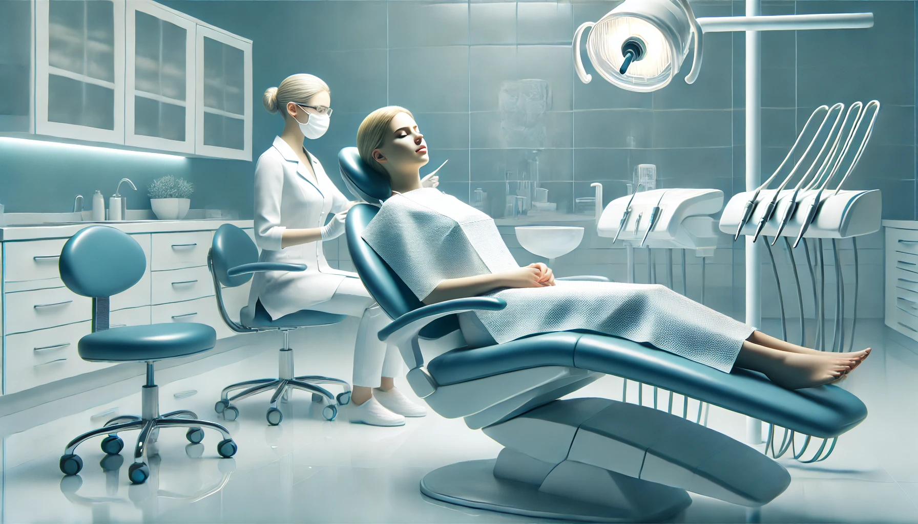 "A calm and relaxed patient in a dental chair receiving sedation dentistry, highlighting a serene dental setting that eases anxiety."