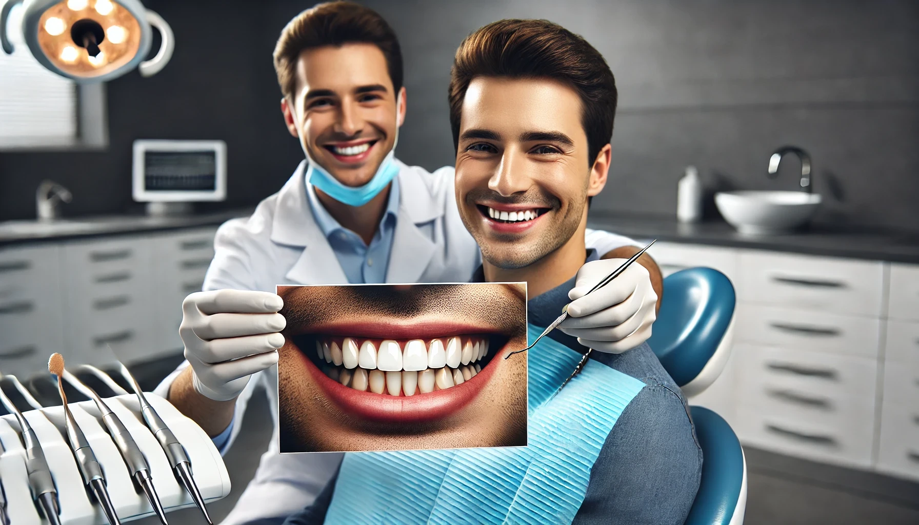 Dentist carefully working on a patient's teeth in a modern, clean clinic, highlighting precision and care in a calm, professional environment."