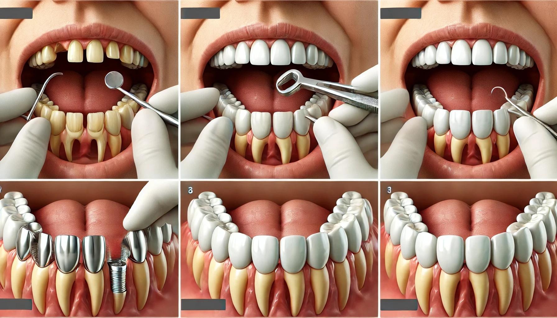 Illustration of dental bridge replacement showing removal, tooth preparation, and placement of the new bridge in a dental clinic."