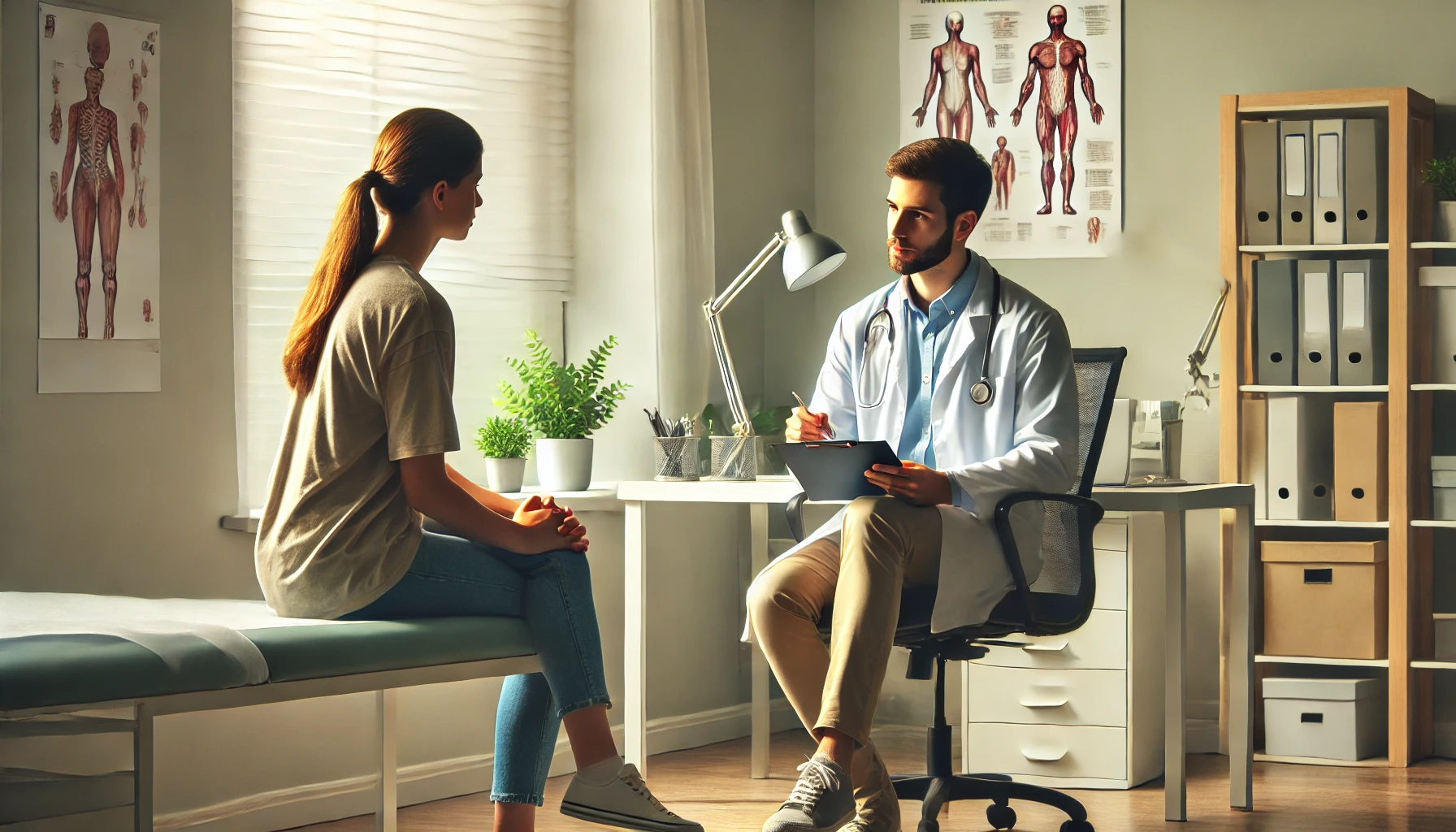 A professional consultation with a patient and doctor in a well-lit medical office, with the doctor attentively taking notes."