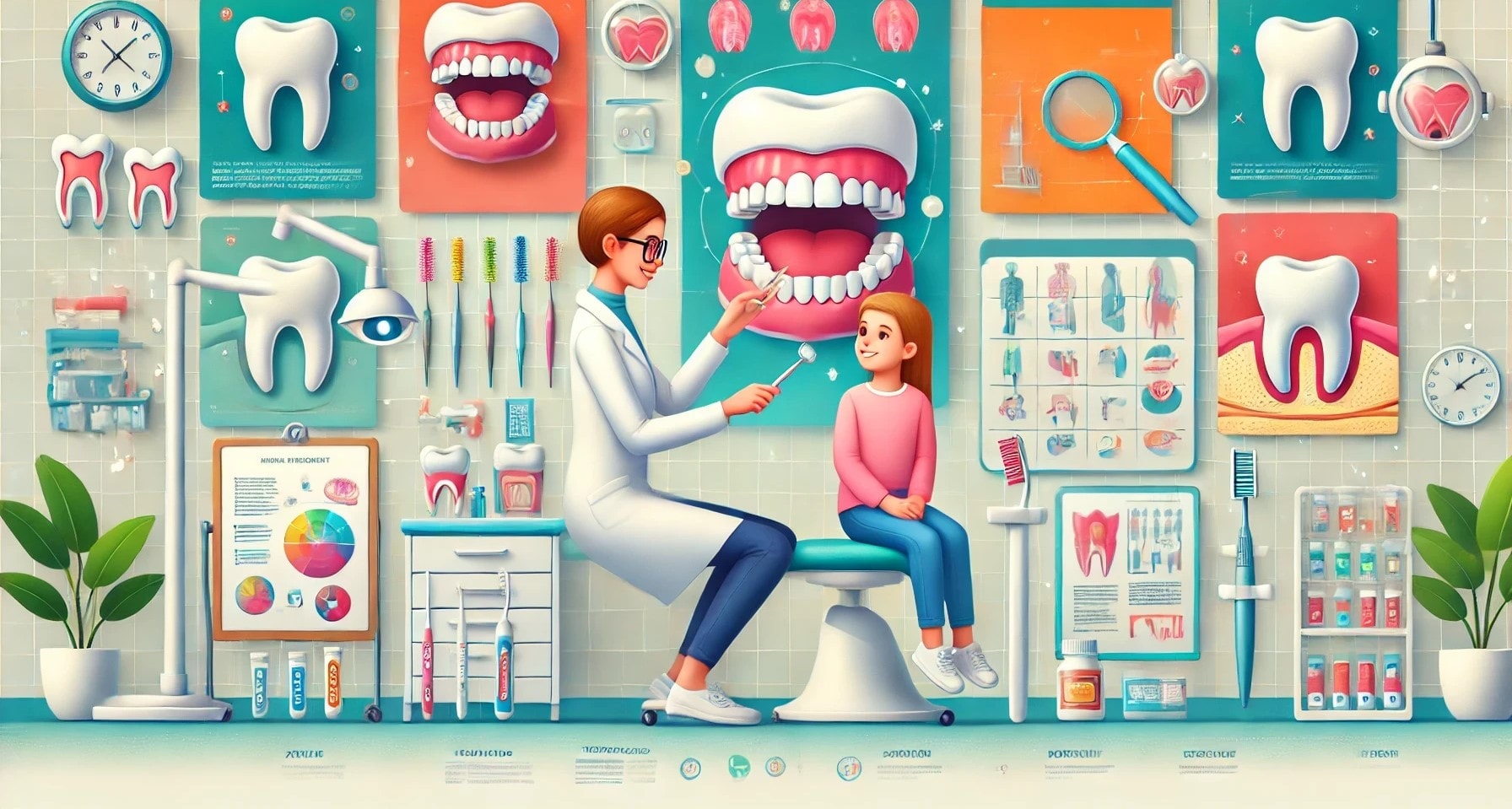  An educational dental scene where a dentist shows proper brushing and flossing techniques, highlighting oral hygiene importance.