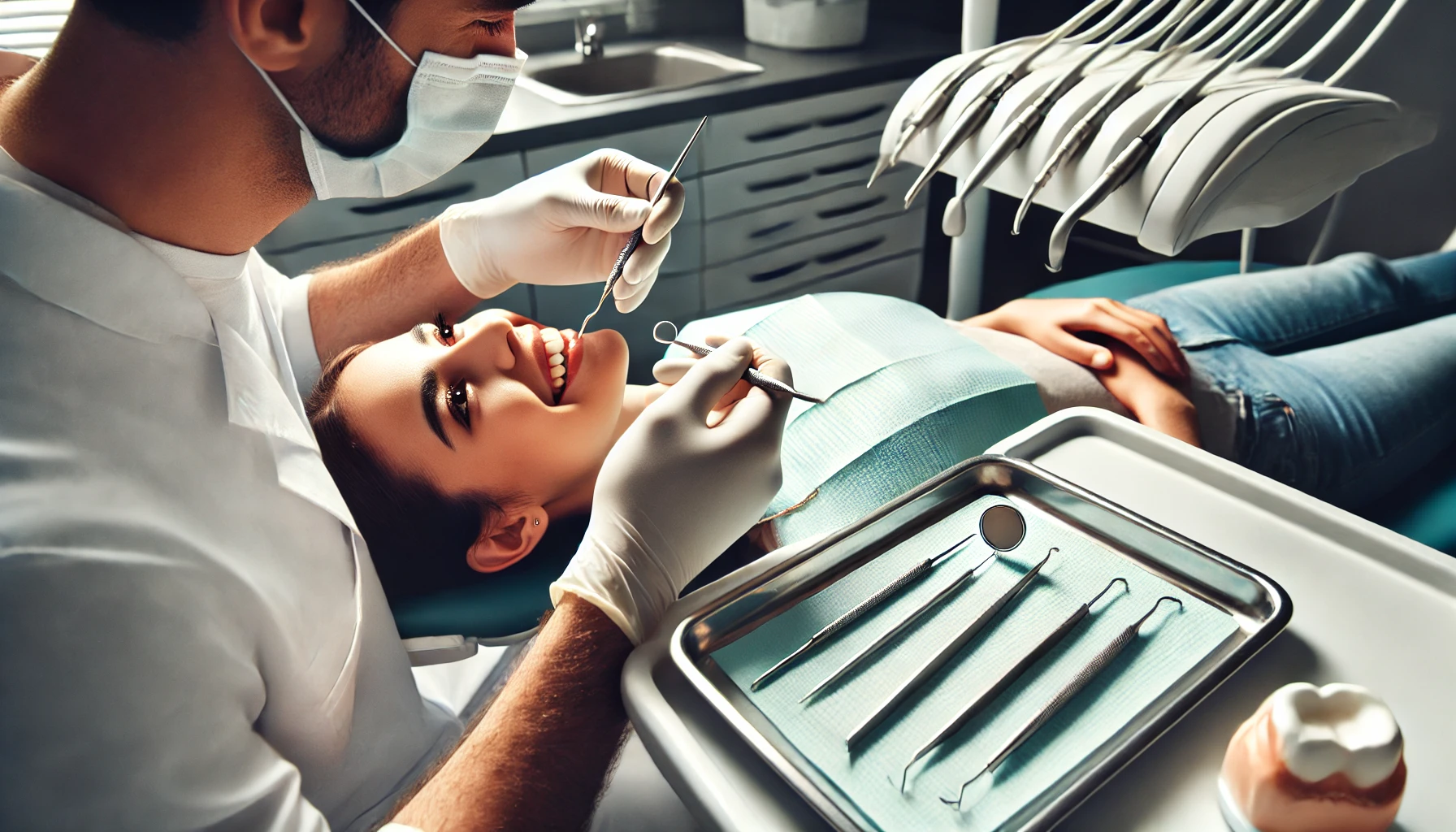 Dentist performing a routine procedure in a modern clinic, focusing on common general dental services like cleanings and fillings."