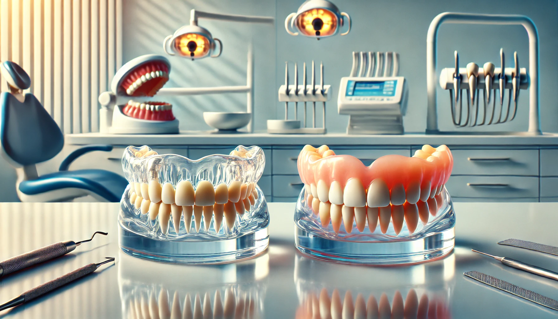 Full and partial dentures displayed in a professional dental office setting."