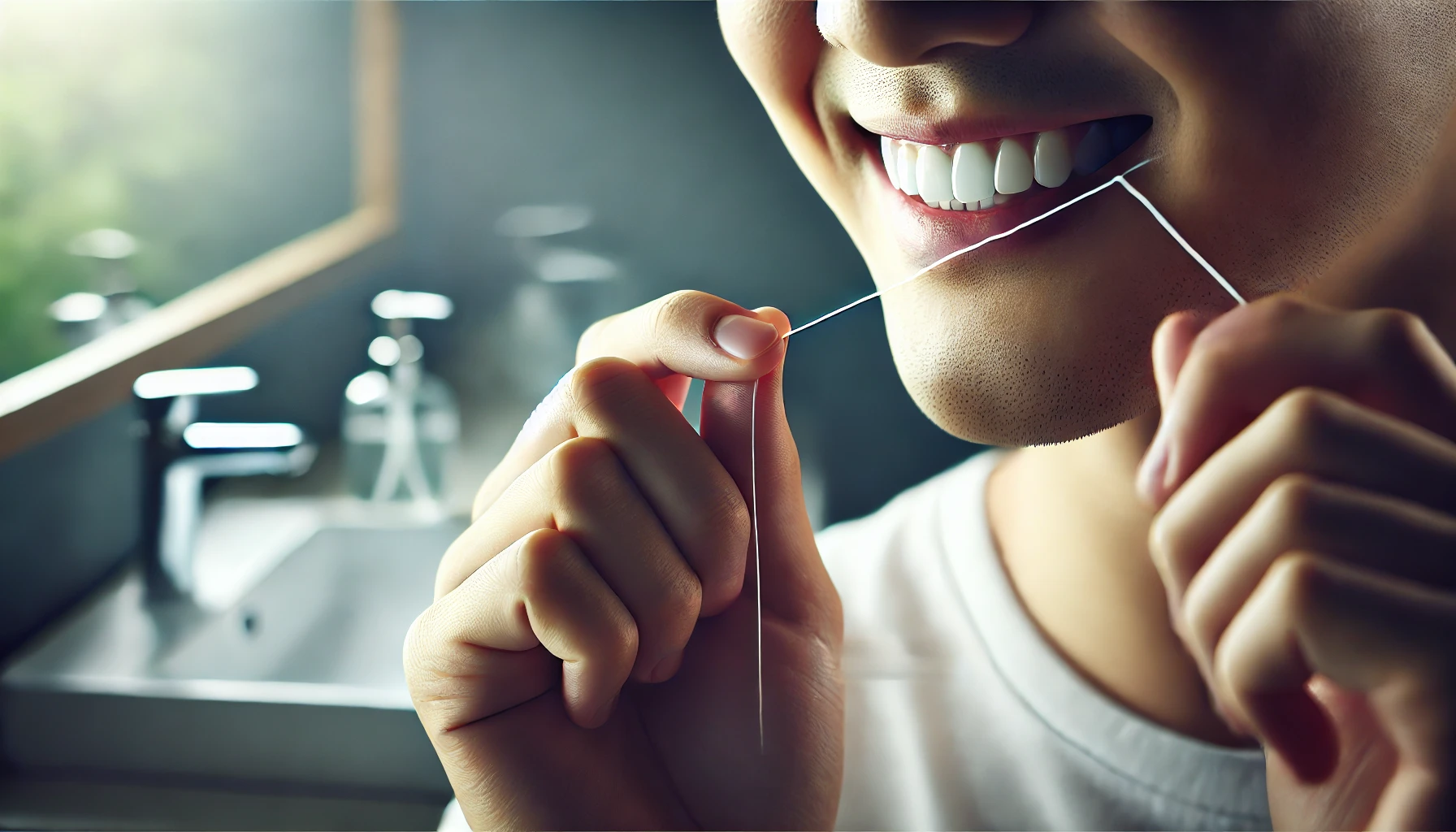 "Close-up of a person flossing their teeth in a clean bathroom setting, emphasizing proper dental hygiene to maintain healthy enamel after treatment."