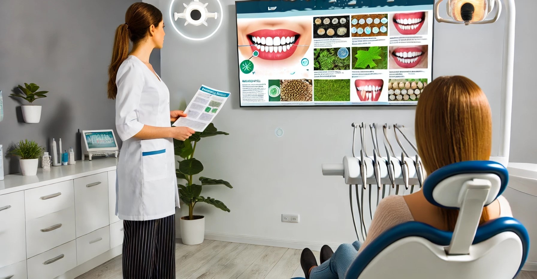 "A dentist presenting a guide to holistic dental care for healthy teeth and gums, with a patient taking notes in a welcoming office."