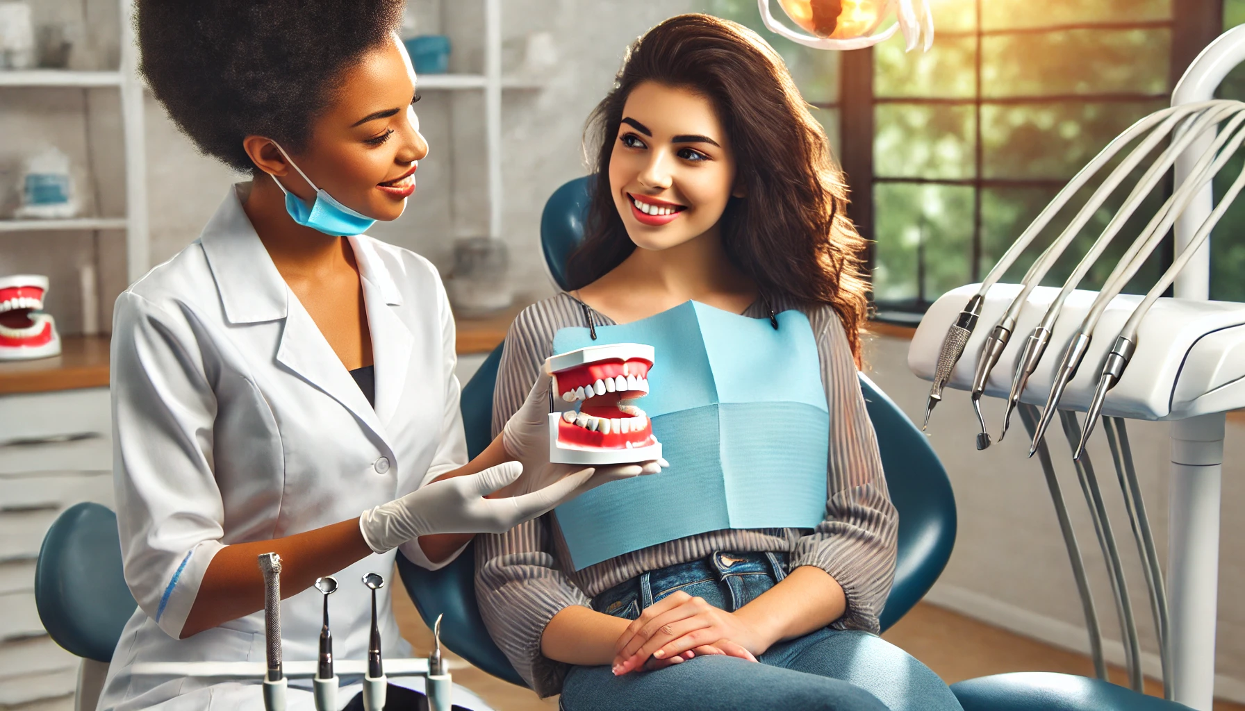 Dentist showing dental implant care to patient in a sunny, modern office."