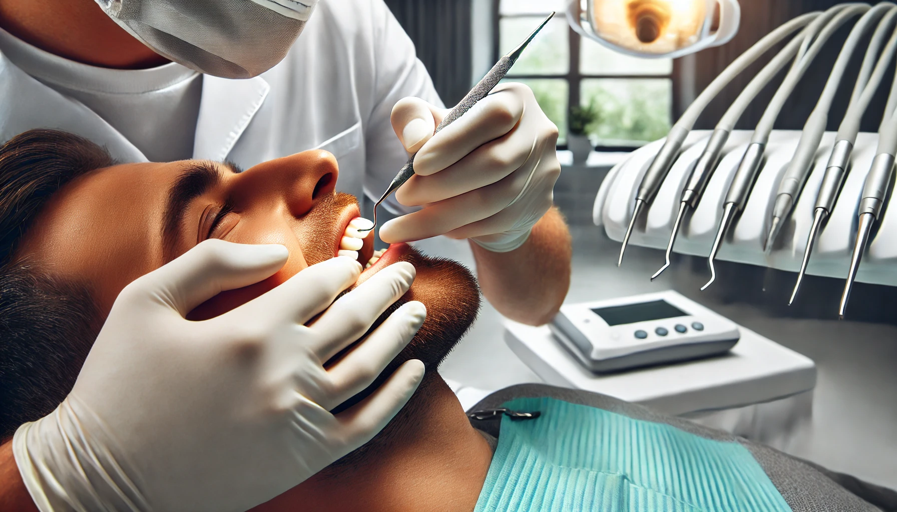 "Dentist performing a bonding repair procedure on a patient in a clean, modern clinic, focusing on professional care and precision."