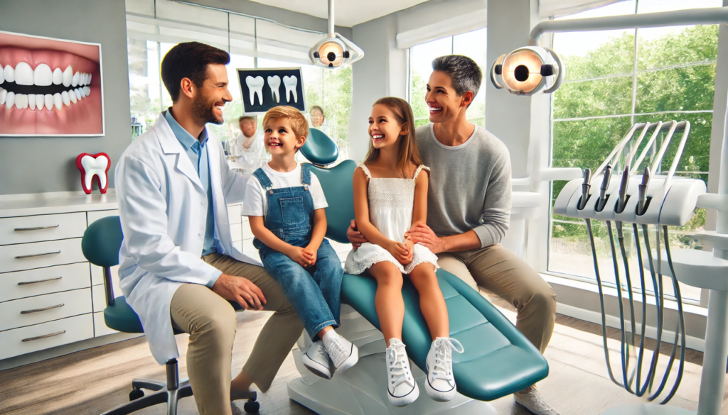 A friendly dentist engaging with a smiling family in a bright, modern dental clinic, creating a welcoming and family dental care oriented atmosphere."