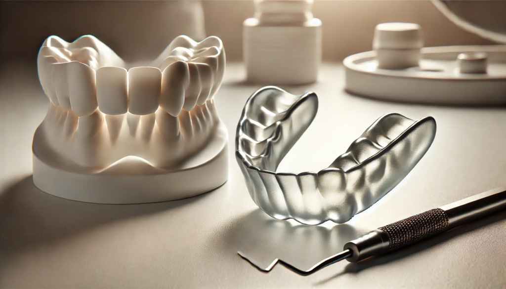 Close-up of custom night guards beside a dental mold on a modern countertop, symbolizing dental protection and professional care."