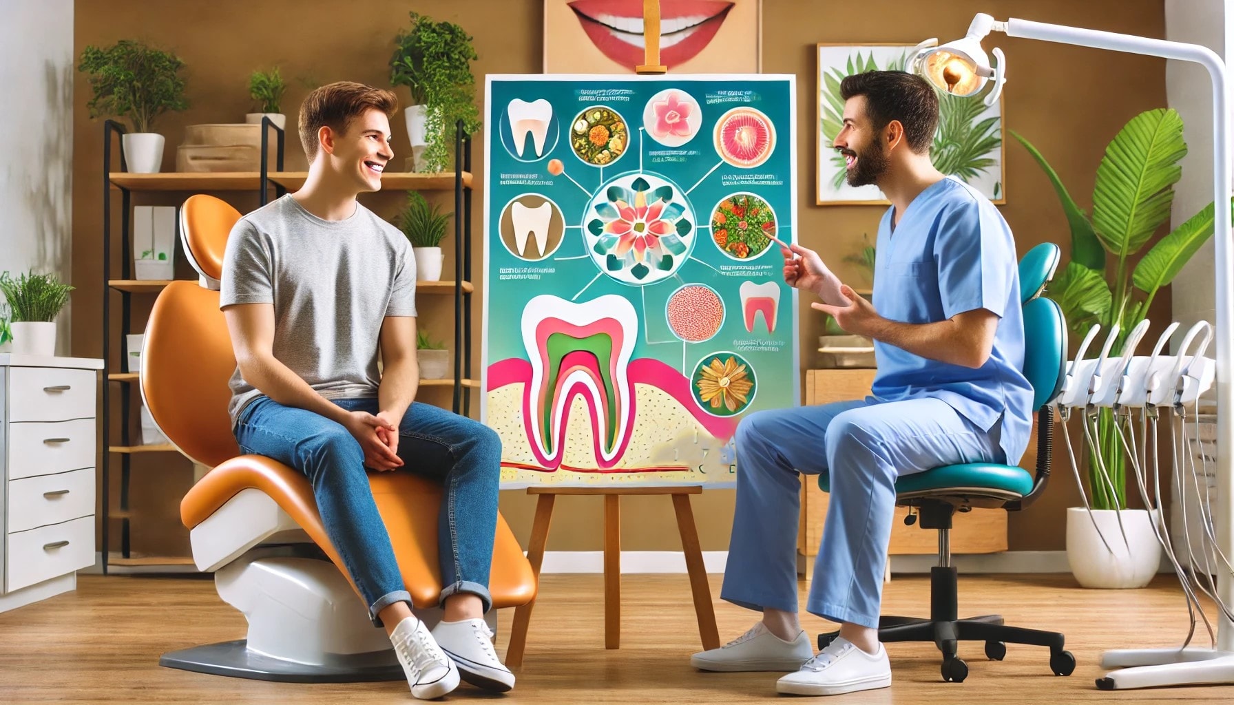 "A dentist explaining a holistic approach to healthy teeth and gums with a colorful diagram to an engaged patient in a welcoming office."