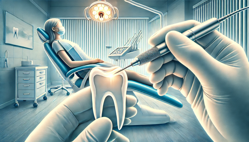 Realistic illustration of a patient receiving comfortable root canal therapy in a calm dental office, focusing on ease and care."