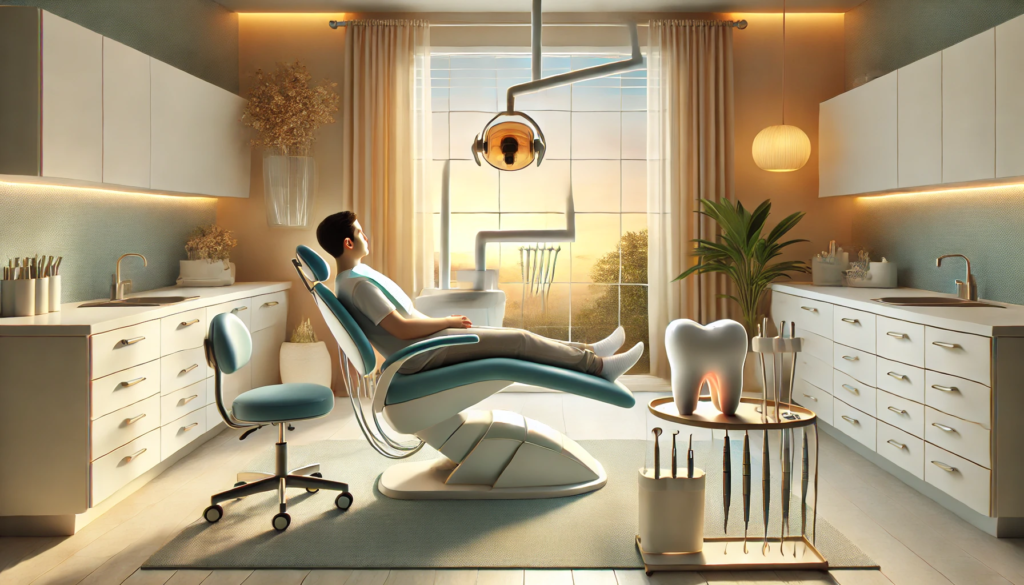 A serene dental office with a patient in a reclining chair, emphasizing a calm and confident dental experience.