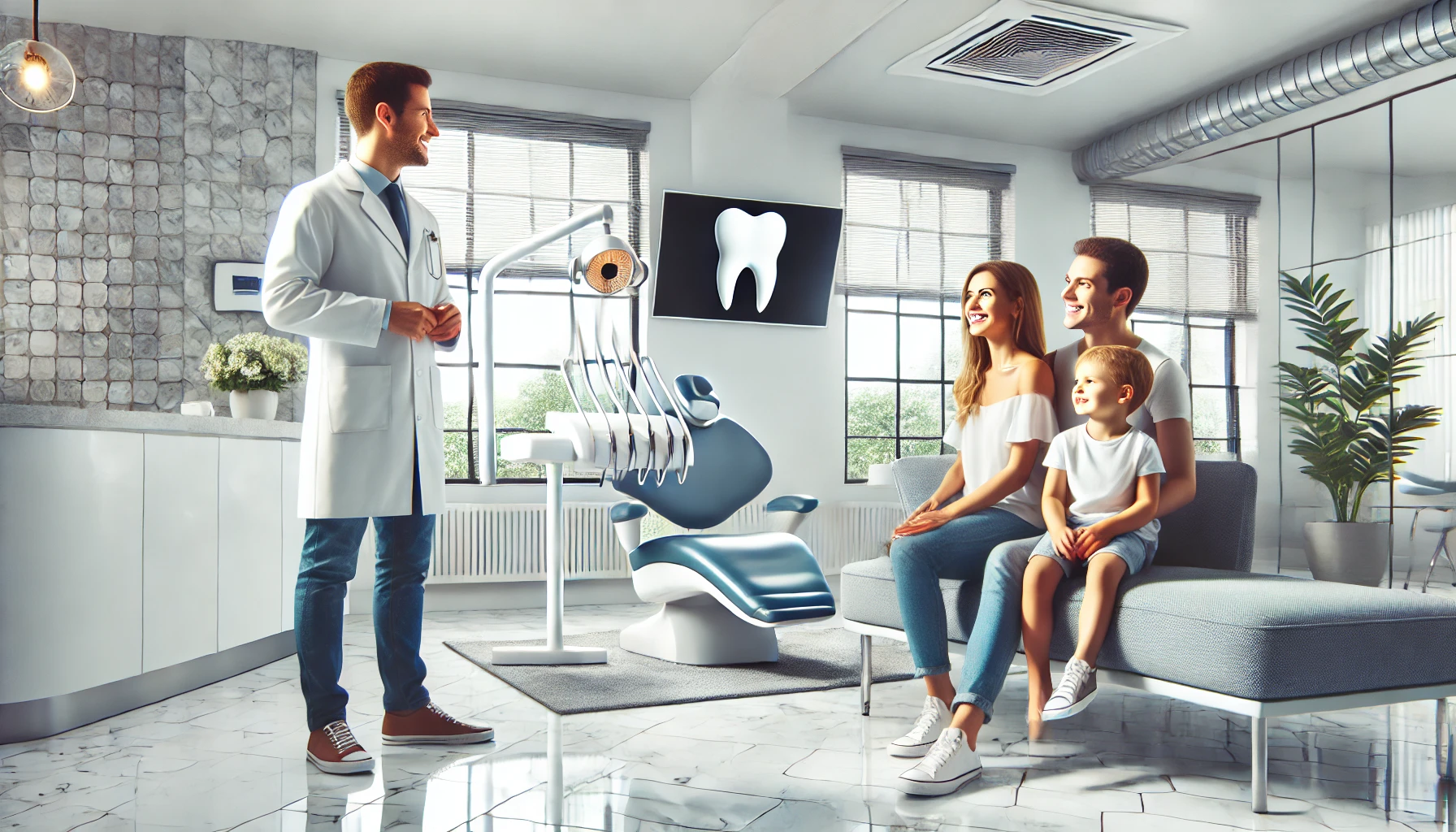 "A bright family-friendly dental clinic in Bærum with a dentist providing care to a smiling family in a calm, modern, and welcoming setting."