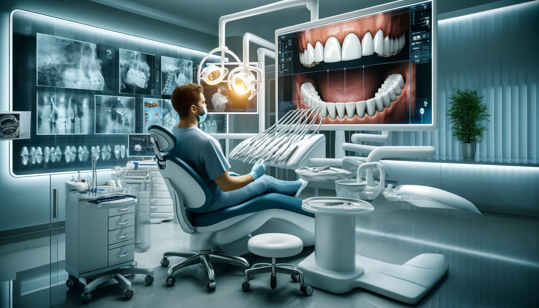 Dentist using advanced tools and digital imaging for full mouth restoration in a high-tech, professional dental clinic