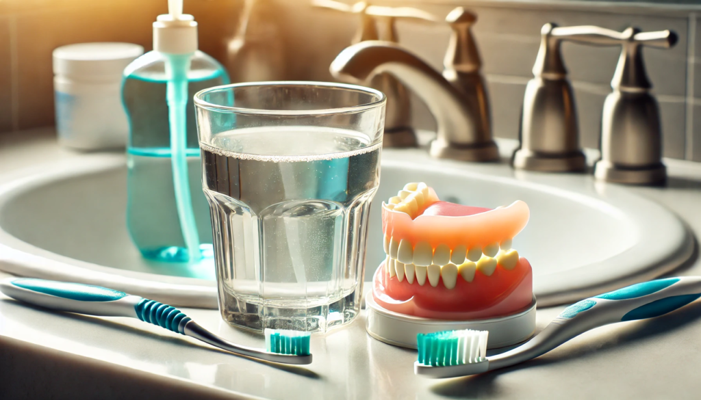 A set of partial dentures soaking in a glass of water on a clean bathroom counter, alongside a toothbrush and dental cleaning tools