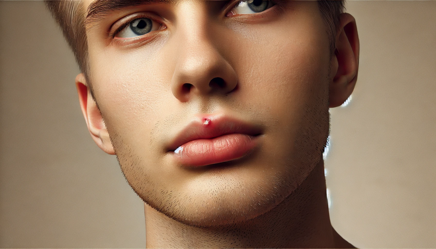 Close-up of a person's face showing a cold sore on the lip with a neutral background, focusing on the realistic texture of the sore."