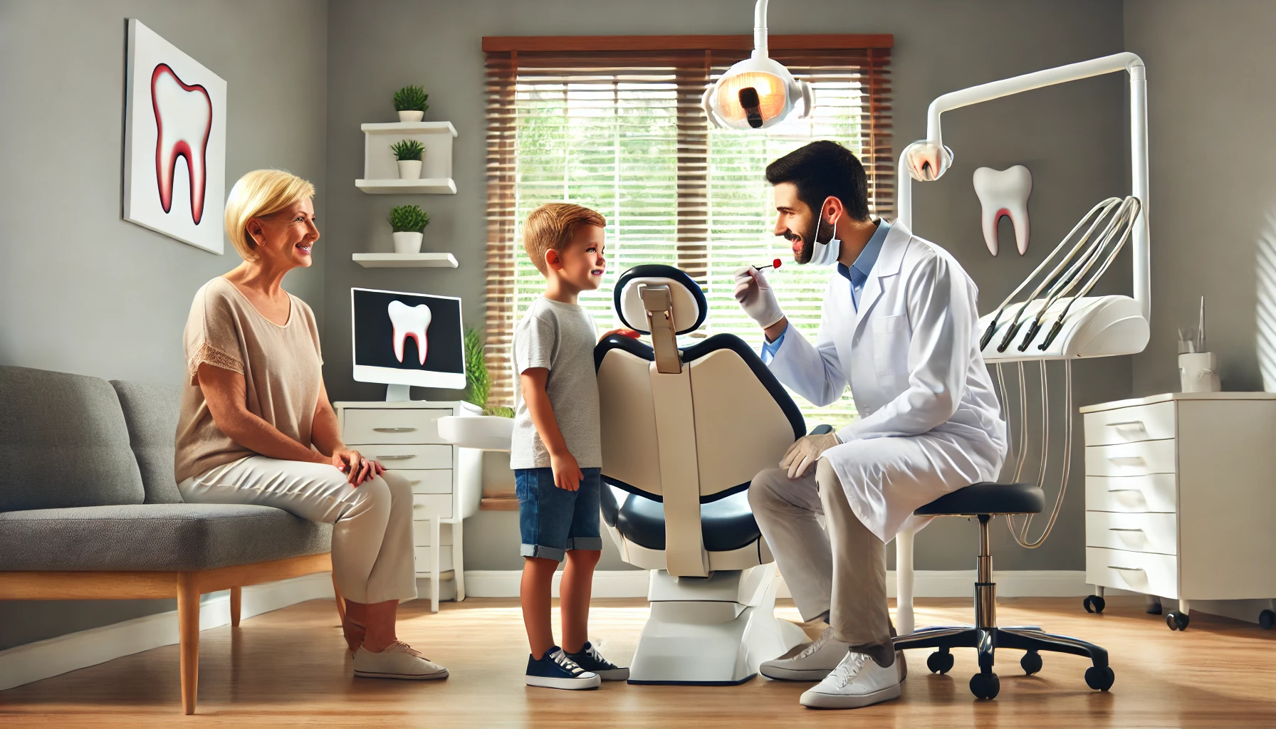 A dentist performing a routine check-up on a child in a bright, modern clinic, creating a family-friendly atmosphere for regular care."