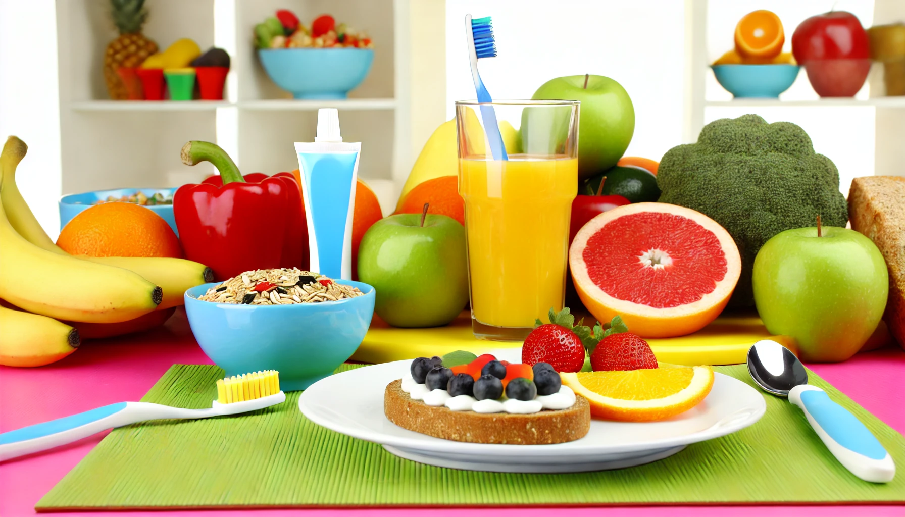 A balanced meal with fruits and vegetables, symbolizing the link between diet and dental hygiene, alongside a toothbrush.