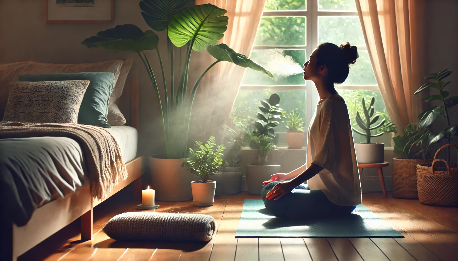 A tranquil scene of a person doing yoga in a cozy room, symbolizing stress relief to combat teeth grinding.