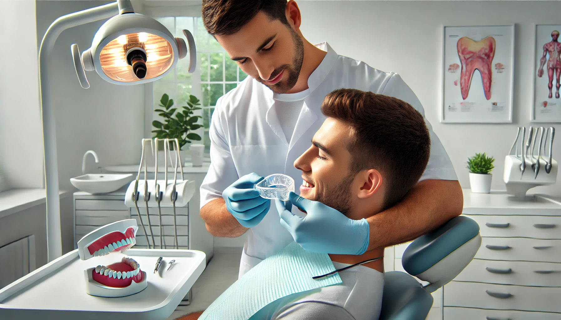 "Dentist fitting a custom dental guard for a patient in a bright, modern clinic, focusing on preventing teeth grinding in a calm setting."